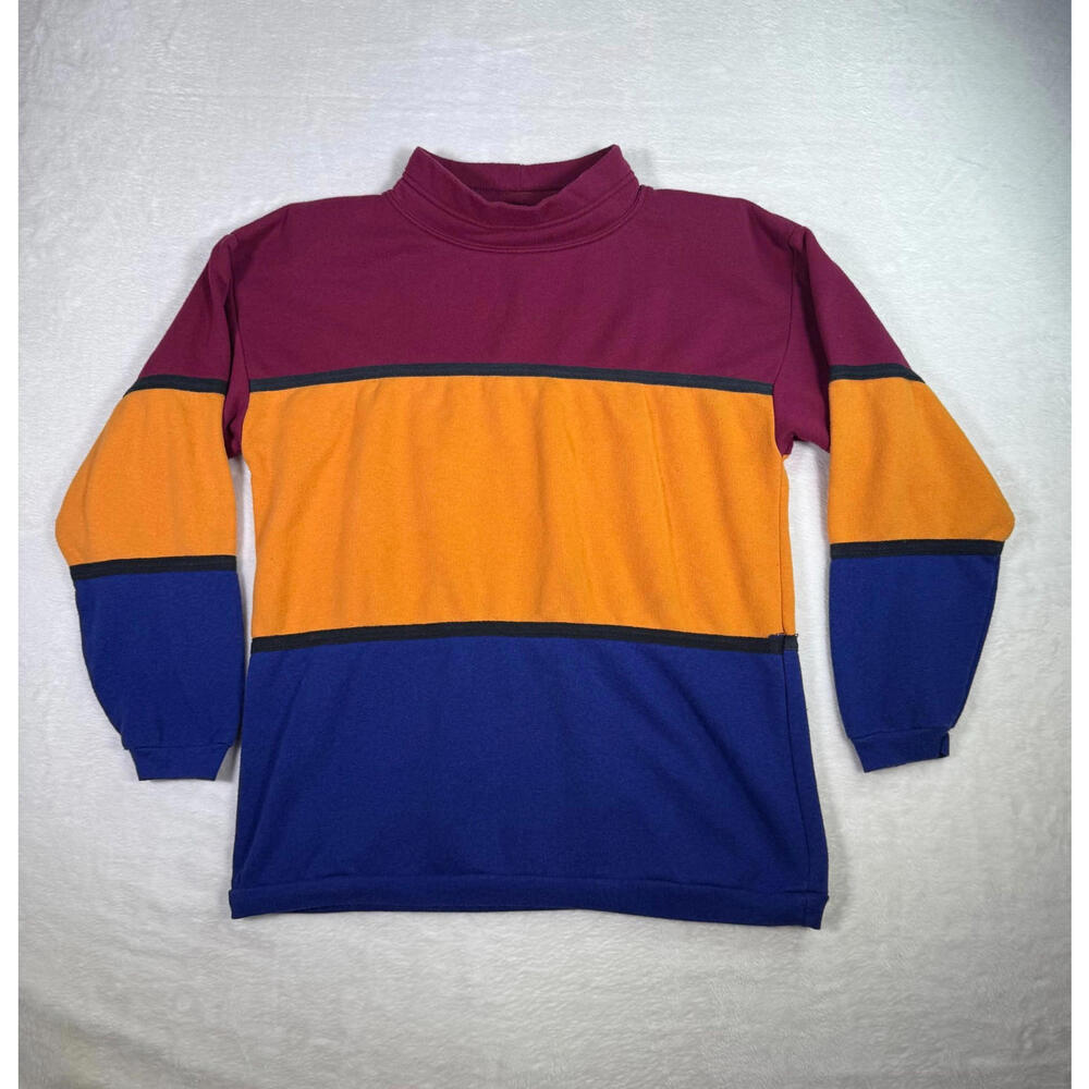 Vintage Sunbelt Colorblock Sweatshirt USA 80s Mock Neck Maroon Orange Blue Retro